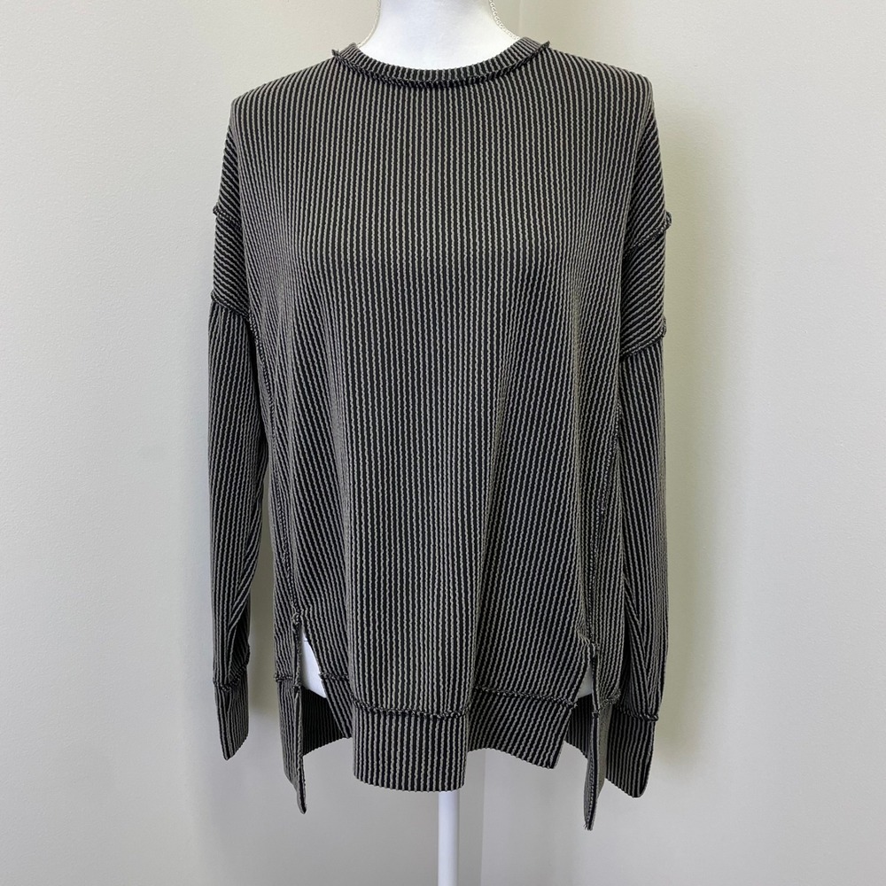 NWT Anna-Kaci Grey Black Wavy Stripe Long Sleeve Oversized Pullover Top L
